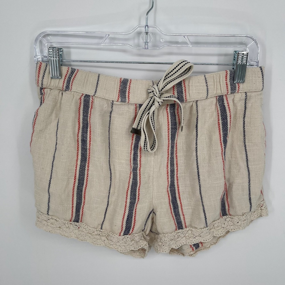 Aerie Women's Beige Striped Crochet Trim Drawstring Shorts Size Small